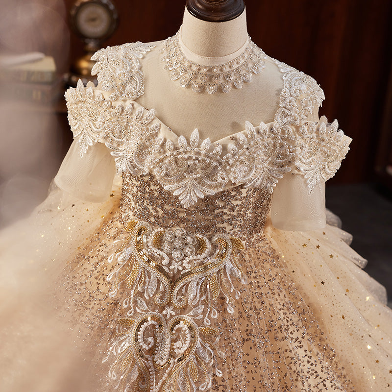 Gold Sequin Tulle A-Line Flower Girl Dress - Lace & Beaded