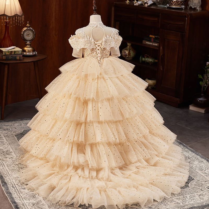 Gold Sequin Tulle A-Line Flower Girl Dress - Lace & Beaded
