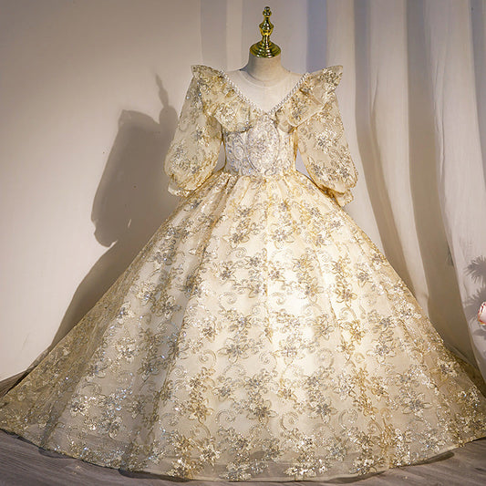 Gold Sequined A-Line Flower Girl Dress with Lantern Sleeves