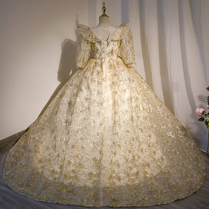 Gold Sequined A-Line Flower Girl Dress with Lantern Sleeves