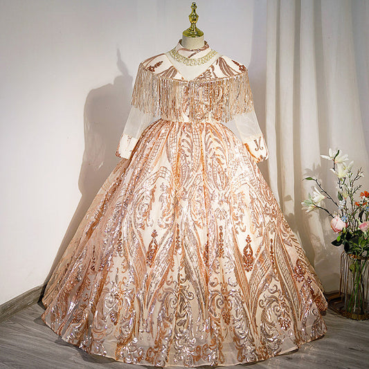 Gold Sequined A-Line Flower Girl Dress with Long Sleeves