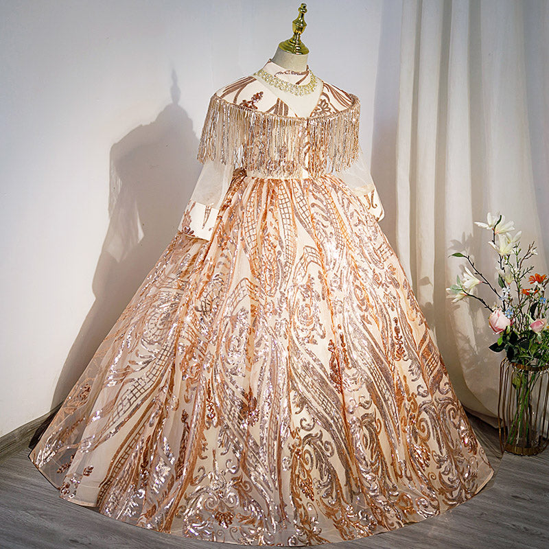 Gold Sequined A-Line Flower Girl Dress with Long Sleeves