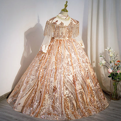 Gold Sequined A-Line Flower Girl Dress with Long Sleeves