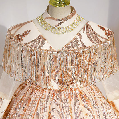 Gold Sequined A-Line Flower Girl Dress with Long Sleeves
