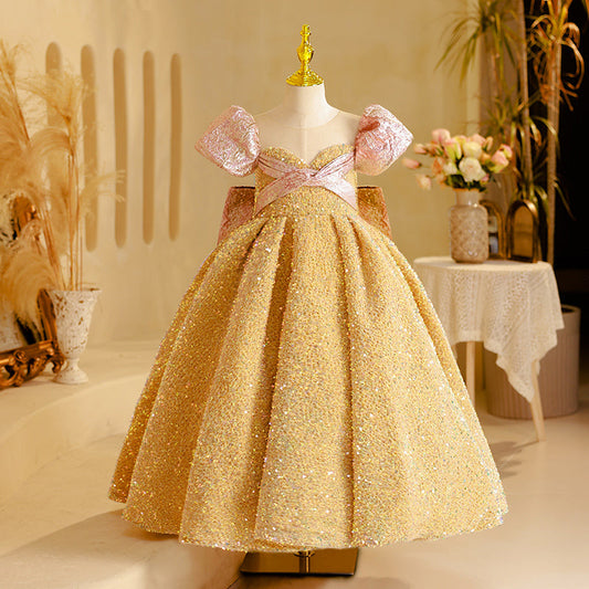 Gold Sequined A-Line Flower Girl Dress with Puff Sleeves