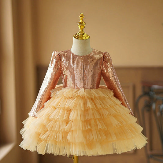 Gold Sequined Ball Gown Dress for Girls – Long Sleeve Tulle Tiered Skirt | Flower Girl, Party & Special Occasion