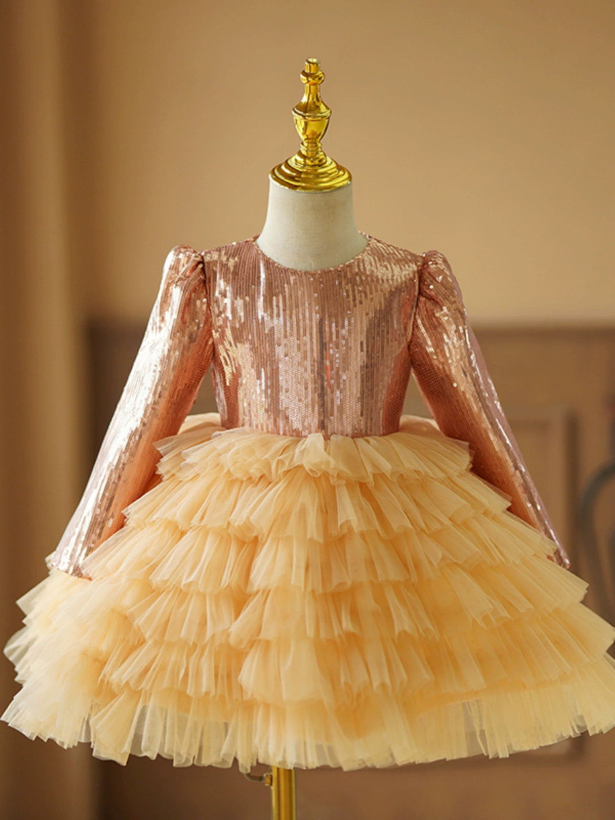 Gold Sequined Ball Gown Dress for Girls – Long Sleeve Tulle Tiered Skirt | Flower Girl, Party & Special Occasion