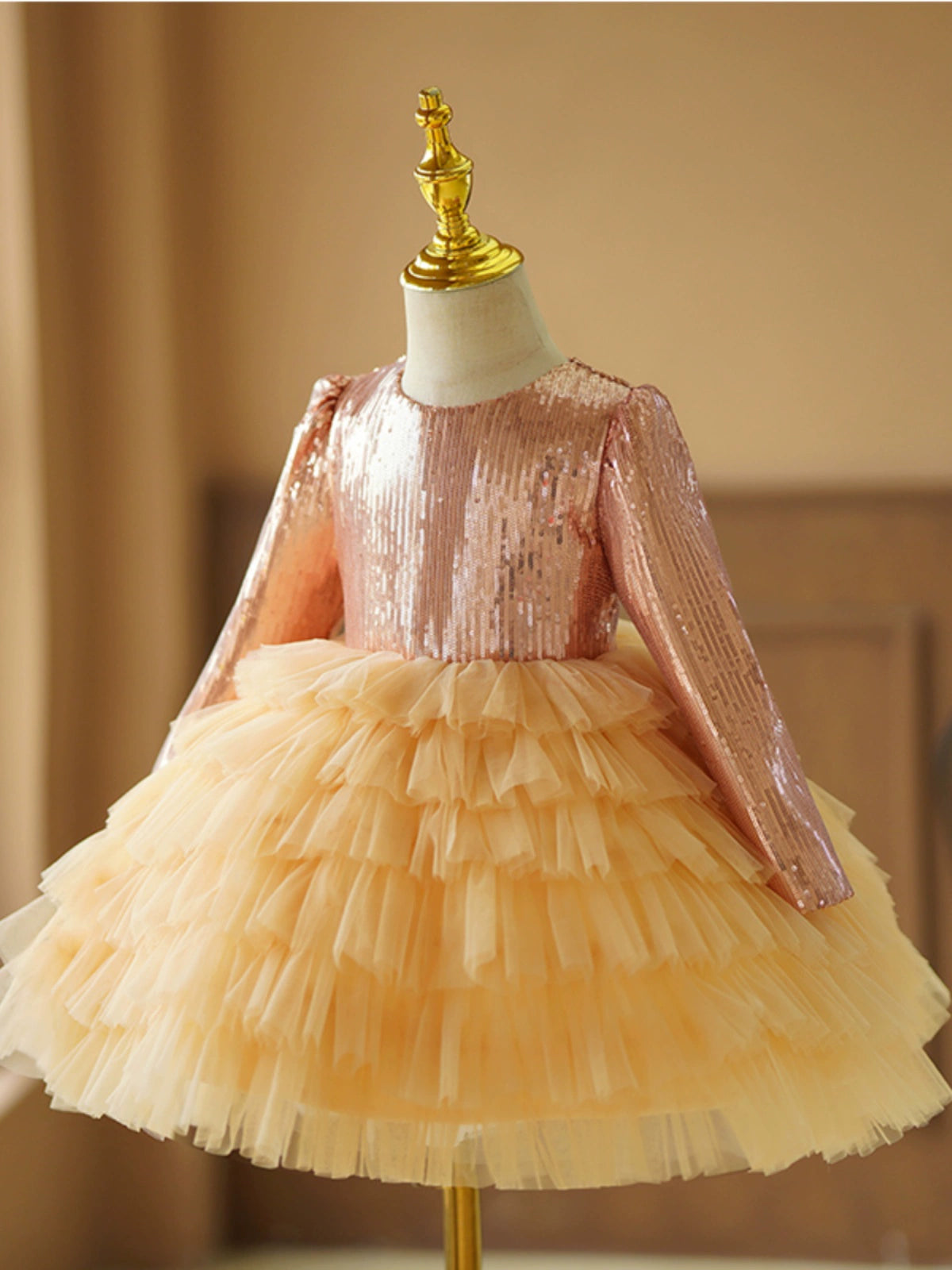 Gold Sequined Ball Gown Dress for Girls – Long Sleeve Tulle Tiered Skirt | Flower Girl, Party & Special Occasion