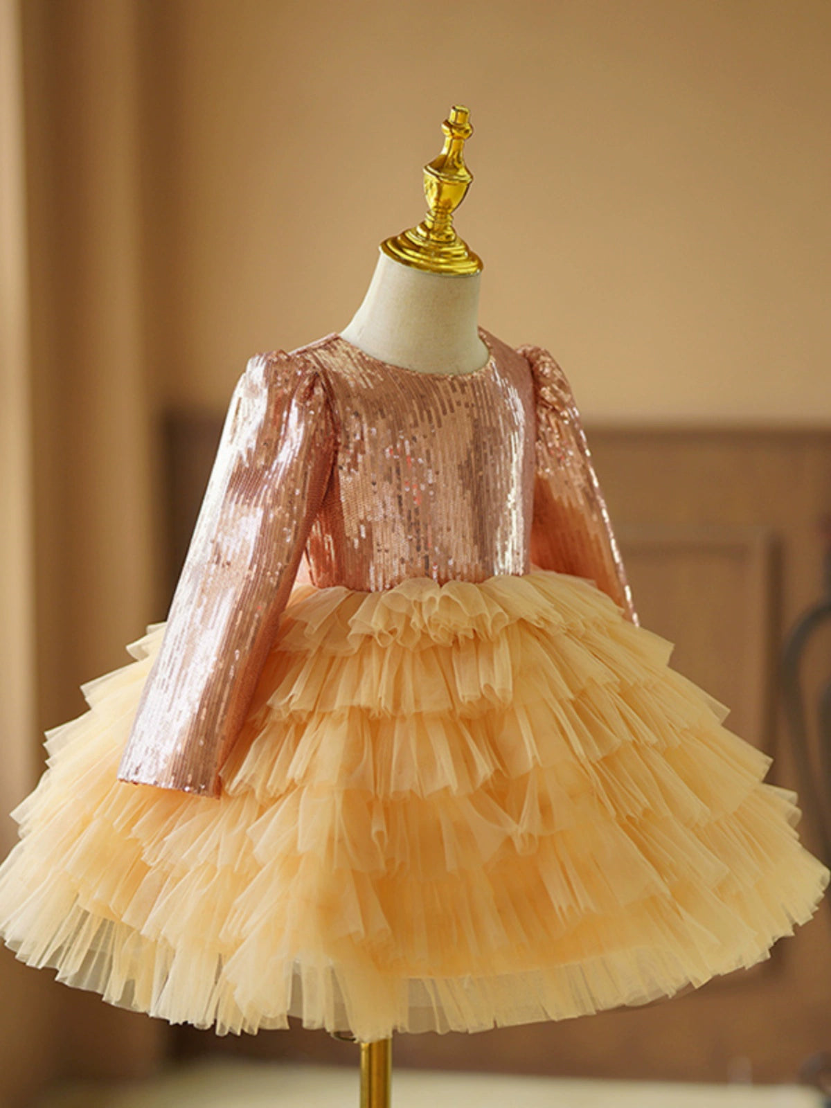 Gold Sequined Ball Gown Dress for Girls – Long Sleeve Tulle Tiered Skirt | Flower Girl, Party & Special Occasion