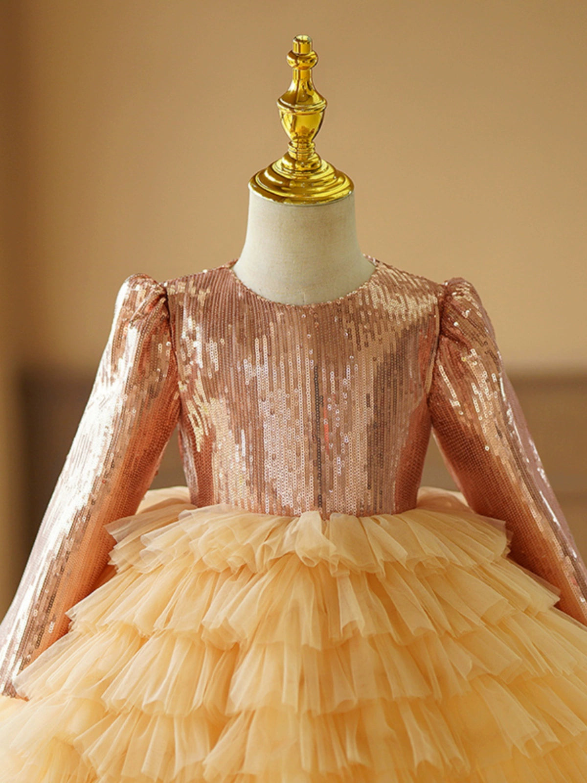 Gold Sequined Ball Gown Dress for Girls – Long Sleeve Tulle Tiered Skirt | Flower Girl, Party & Special Occasion