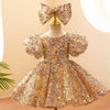Gold Sequined Princess Flower Girl Dress Puff Sleeve