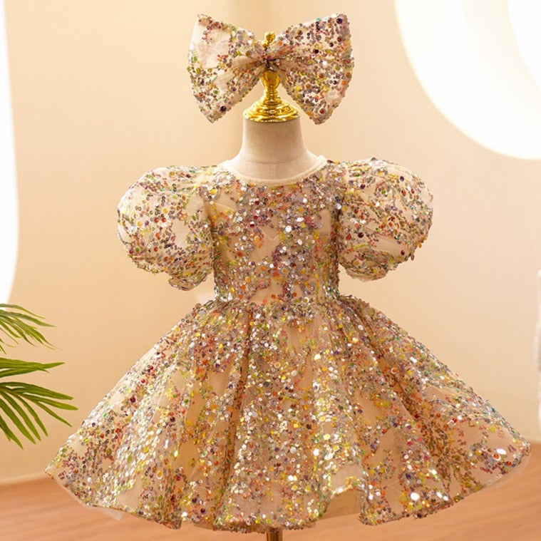 Gold Sequined Princess Flower Girl Dress Puff Sleeve