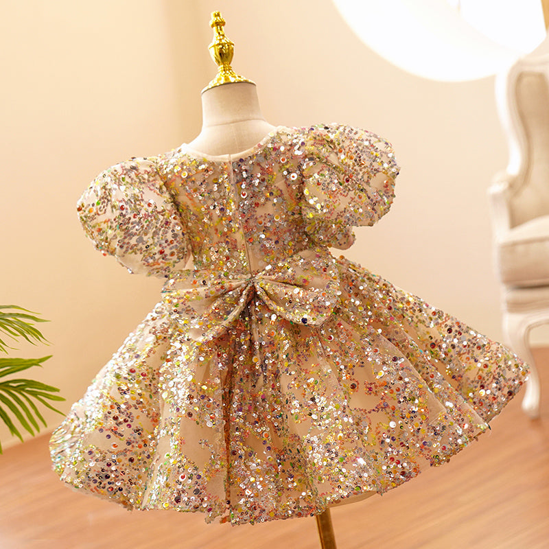 Gold Sequined Princess Flower Girl Dress Puff Sleeve