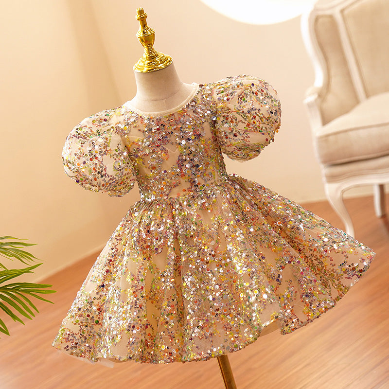 Gold Sequined Princess Flower Girl Dress Puff Sleeve