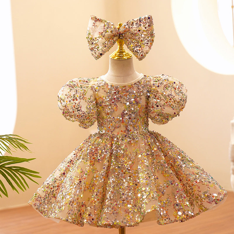 Gold Sequined Princess Flower Girl Dress Puff Sleeve