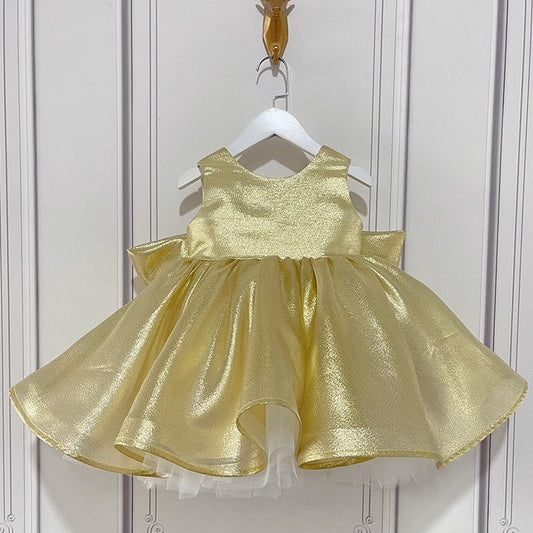 Gold Shiny Sleeveless Ball Gown for Girls with Bow-knot – Party & Special Occasion Dress