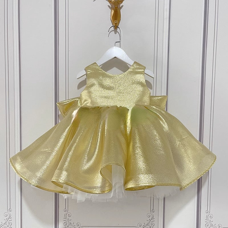 Gold Shiny Sleeveless Ball Gown for Girls with Bow-knot – Party & Special Occasion Dress