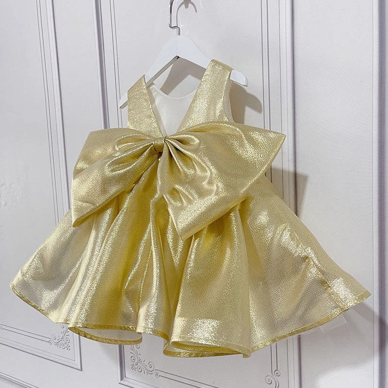 Gold Shiny Sleeveless Ball Gown for Girls with Bow-knot – Party & Special Occasion Dress