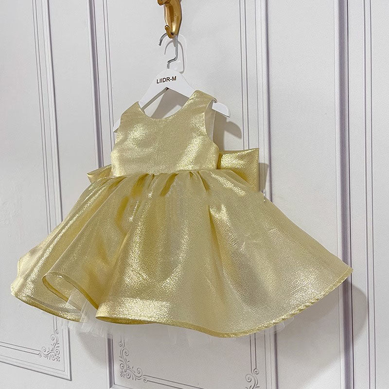 Gold Shiny Sleeveless Ball Gown for Girls with Bow-knot – Party & Special Occasion Dress