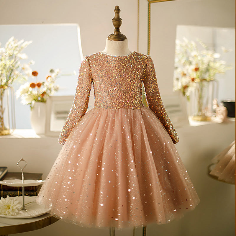 Golden Sequined Flower Girl Dress: Long Sleeves & Bow