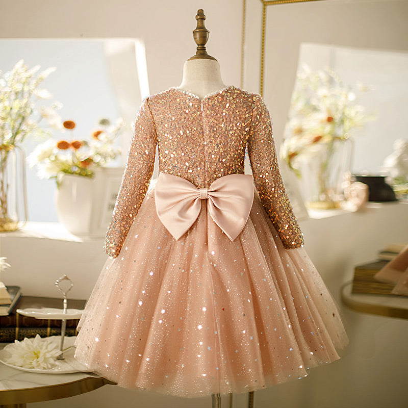 Golden Sequined Flower Girl Dress: Long Sleeves & Bow
