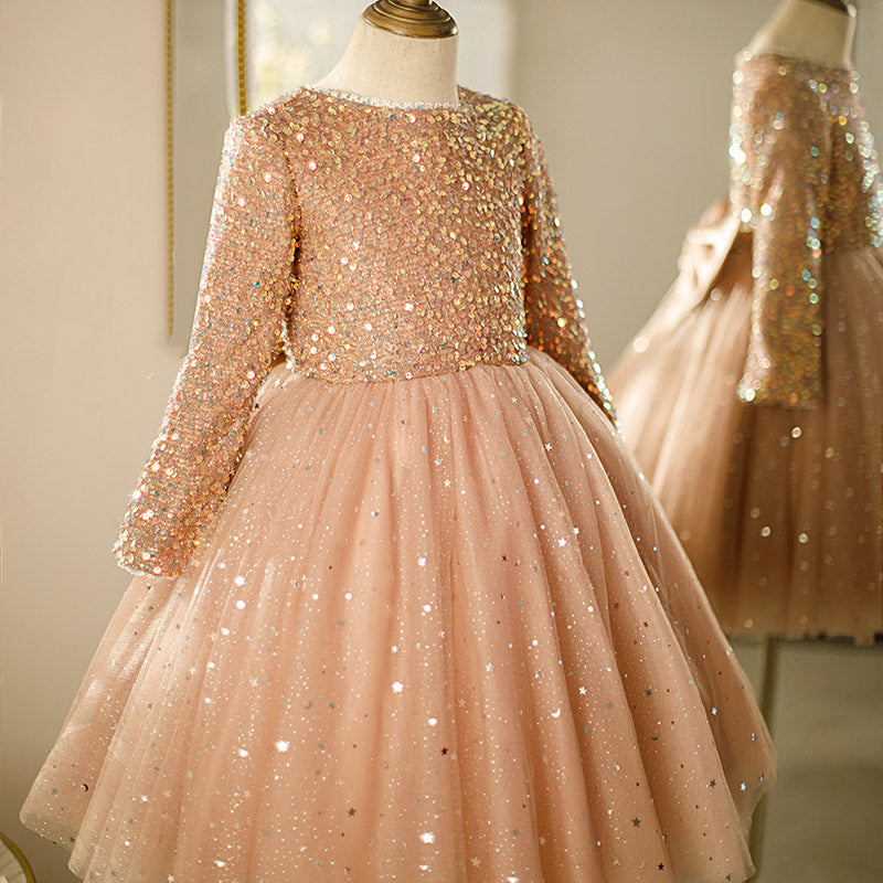 Golden Sequined Flower Girl Dress: Long Sleeves & Bow