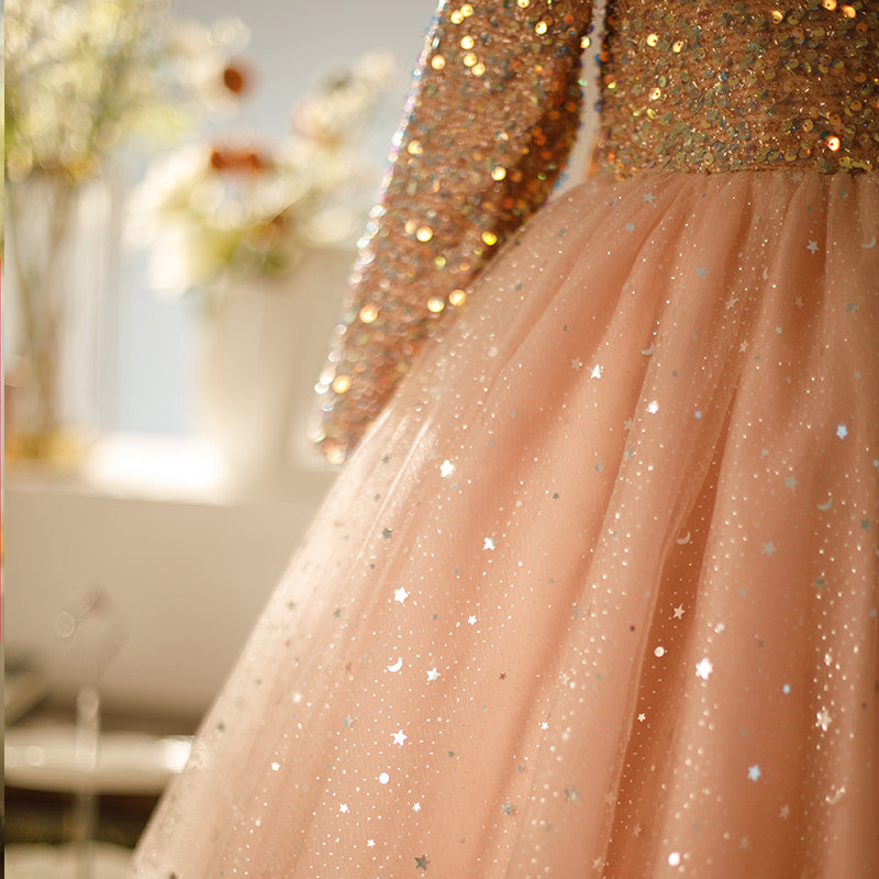 Golden Sequined Flower Girl Dress: Long Sleeves & Bow