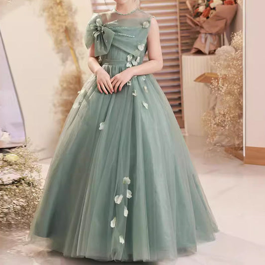 Green A-Line Flower Girl Dress with Beaded Flowers & Tulle