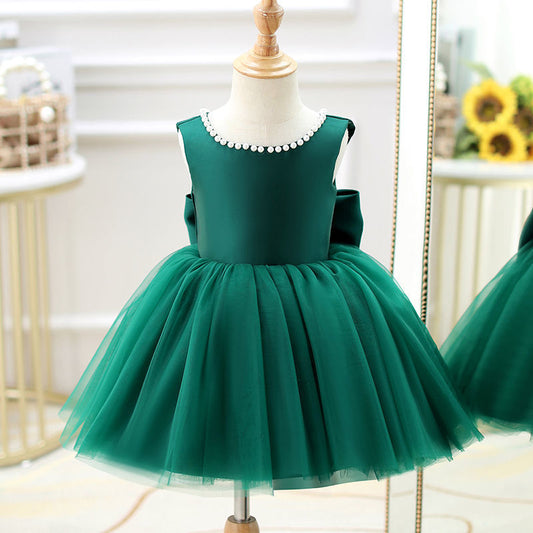 Green A-Line Flower Girl Dress with Bow and Ruffle Details