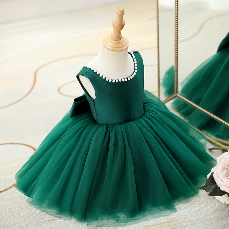 Green A-Line Flower Girl Dress with Bow and Ruffle Details