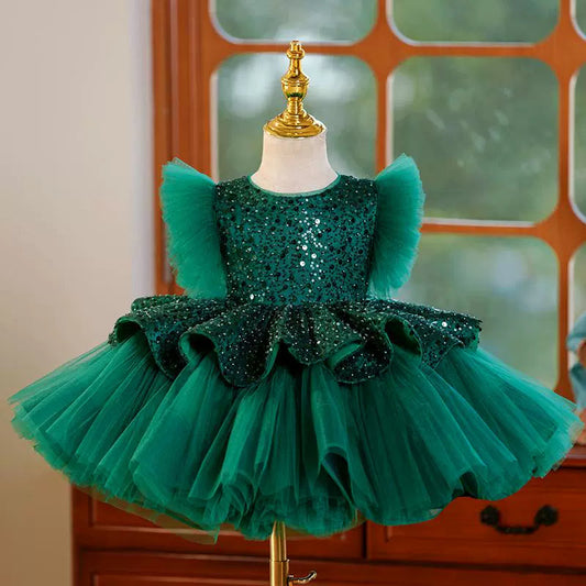 Green A-Line Princess Flower Girl Dress with Sequins and Ruffles