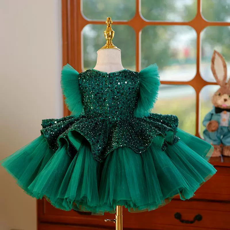 Green A-Line Princess Flower Girl Dress with Sequins and Ruffles