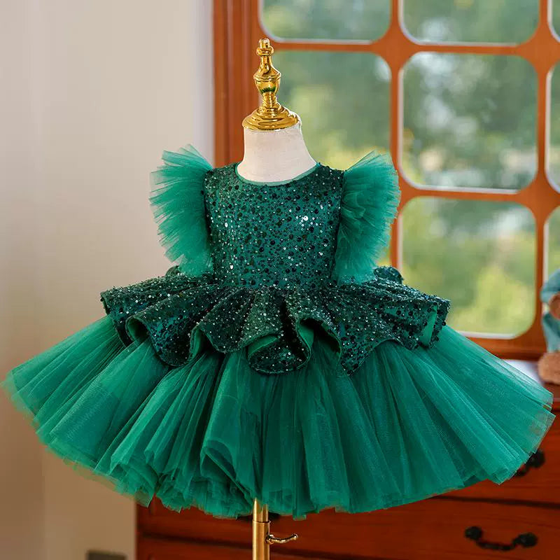 Green A-Line Princess Flower Girl Dress with Sequins and Ruffles