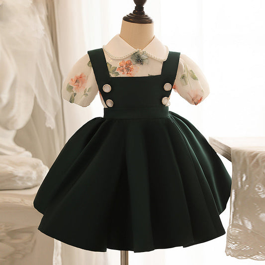 Green A-line Tea-Length Flower Girl Dress with Beaded Flowers