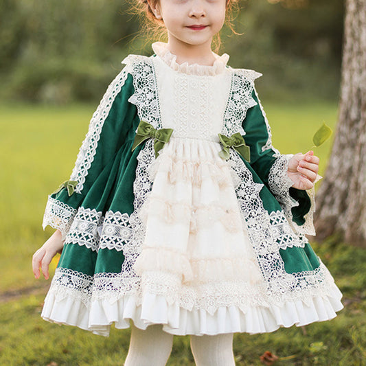 Green Princess Flower Girl Dress with Lace and Lantern Sleeves
