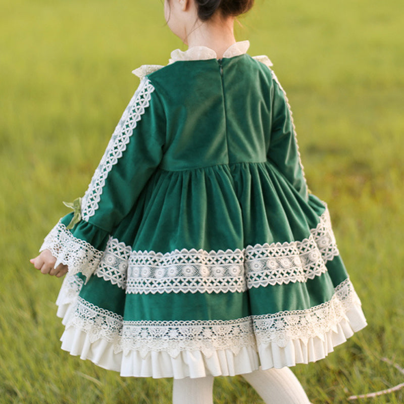 Green Princess Flower Girl Dress with Lace and Lantern Sleeves