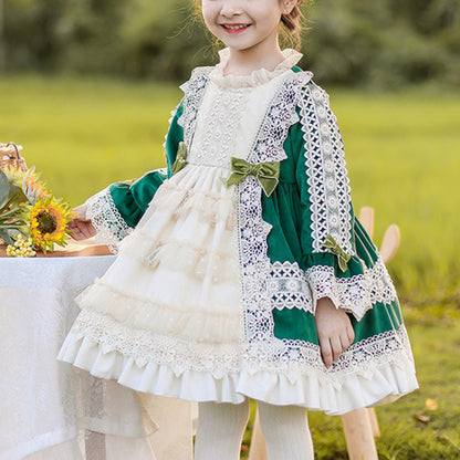 Green Princess Flower Girl Dress with Lace and Lantern Sleeves