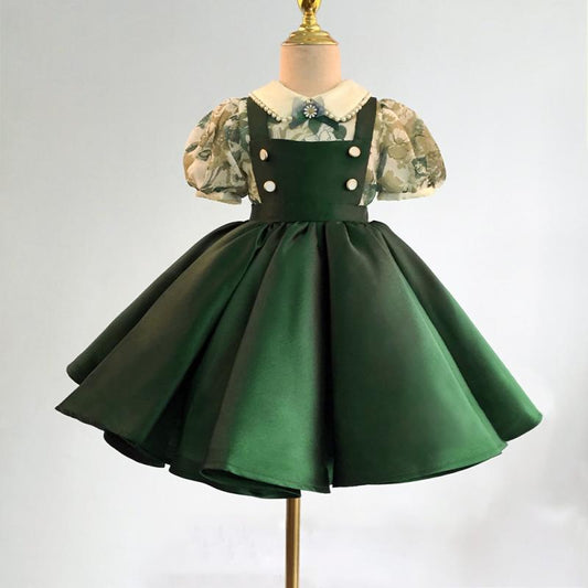 Green Princess Flower Girl Dress with Ruffles and Collar