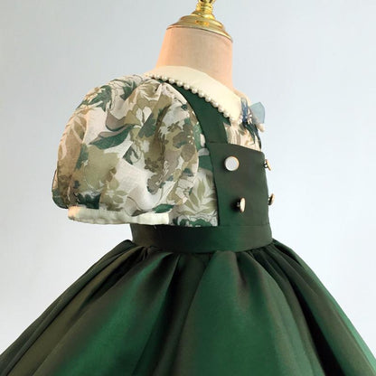Green Princess Flower Girl Dress with Ruffles and Collar