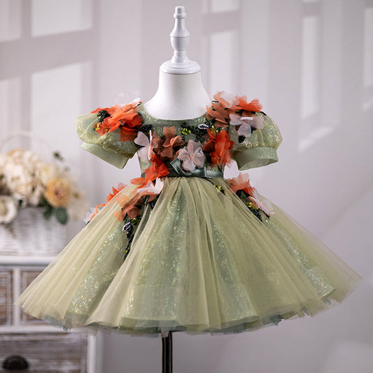 Green Princess Flower Girl Dress – Tea Length, Boat Neck, Sequined & Embroidered for Parties & Special Occasions