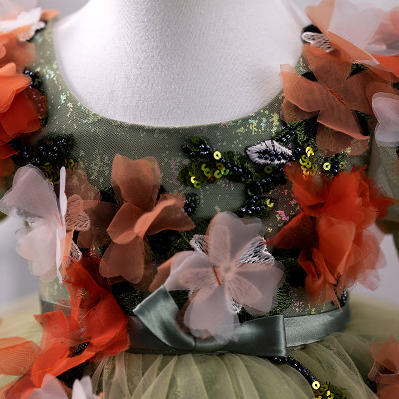 Green Princess Flower Girl Dress – Tea Length, Boat Neck, Sequined & Embroidered for Parties & Special Occasions