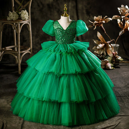 Green Princess Tulle Flower Girl Dress with Puff Sleeves