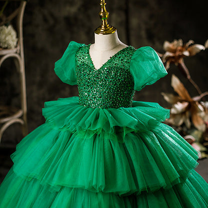 Green Princess Tulle Flower Girl Dress with Puff Sleeves