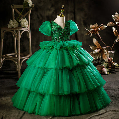 Green Princess Tulle Flower Girl Dress with Puff Sleeves