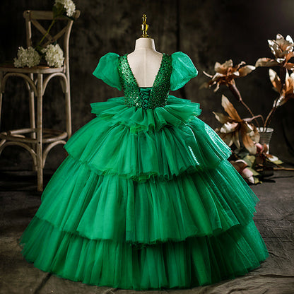 Green Princess Tulle Flower Girl Dress with Puff Sleeves