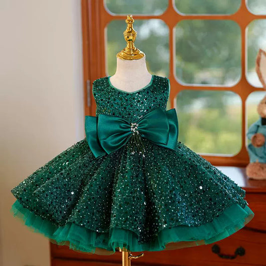 Green Satin A-Line Flower Girl Dress with Sequins & Bow