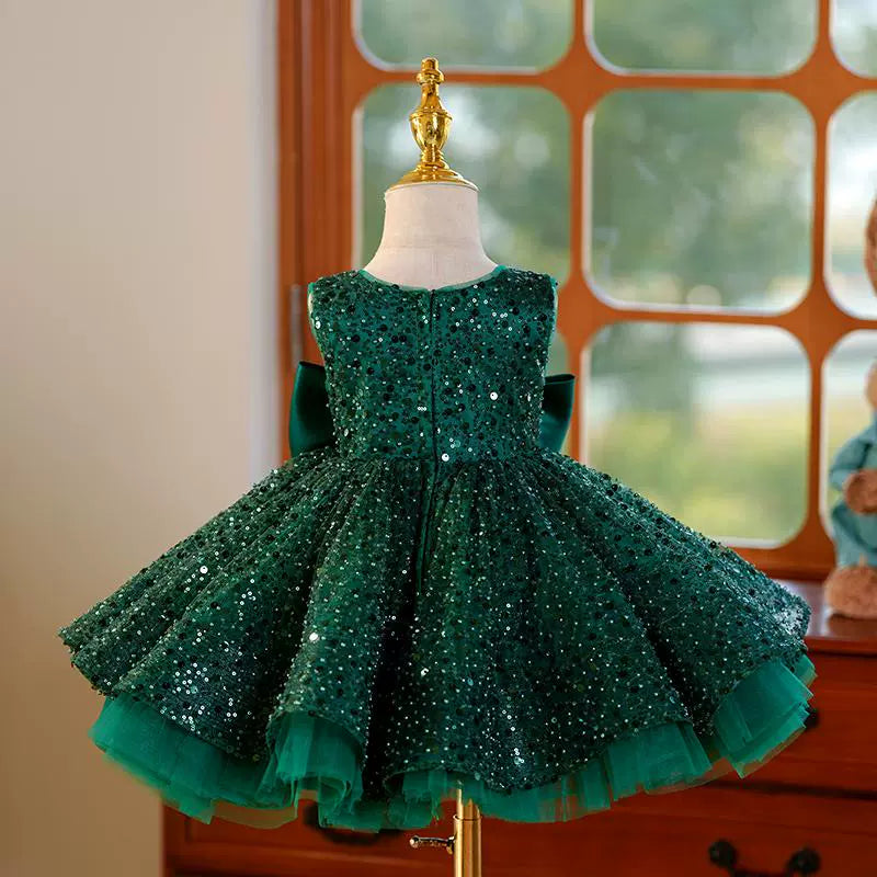 Green Satin A-Line Flower Girl Dress with Sequins & Bow