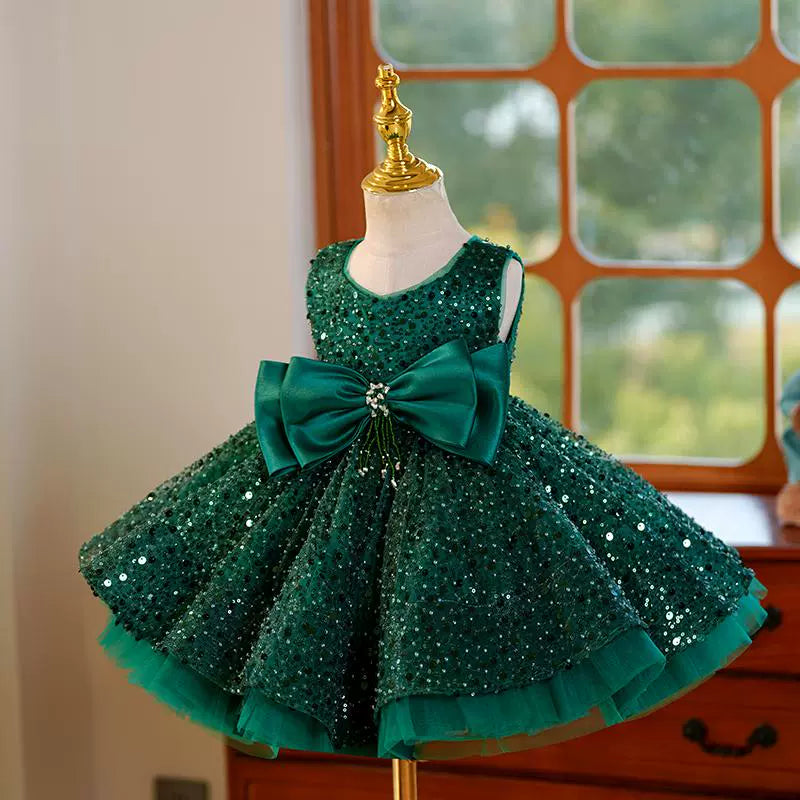 Green Satin A-Line Flower Girl Dress with Sequins & Bow