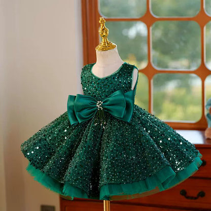 Green Satin A-Line Flower Girl Dress with Sequins & Bow