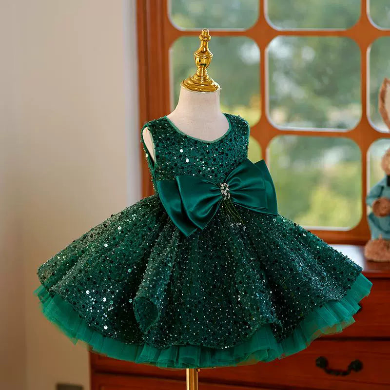 Green Satin A-Line Flower Girl Dress with Sequins & Bow